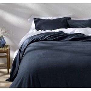 Full/Queen Heavyweight Linen Blend Duvet Cover and Sham Set Dark Mineral Blue